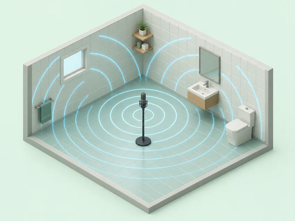 Isometric tiled room with echo rings around a microphone