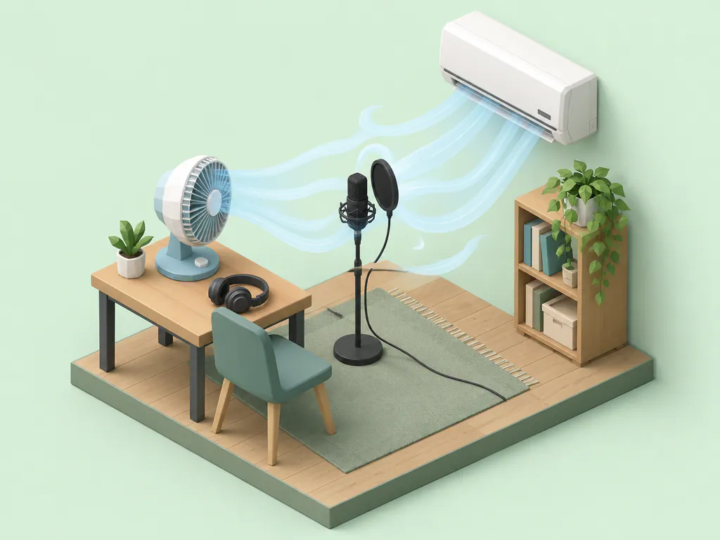 Isometric recording corner with a desk fan and an air conditioner