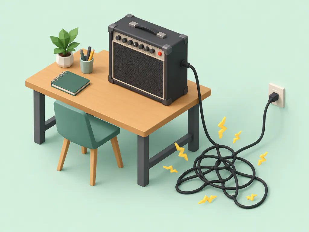 Isometric desk with a guitar amp and a tangled power cable