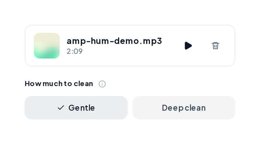 Denoise with an uploaded amp hum demo and the Gentle and Deep clean settings