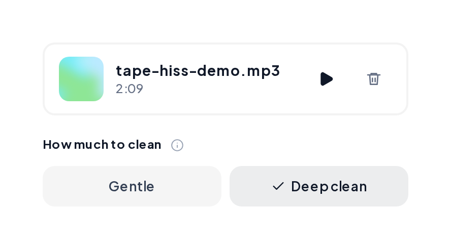 Online noise reduction with a tape hiss demo and Deep clean selected