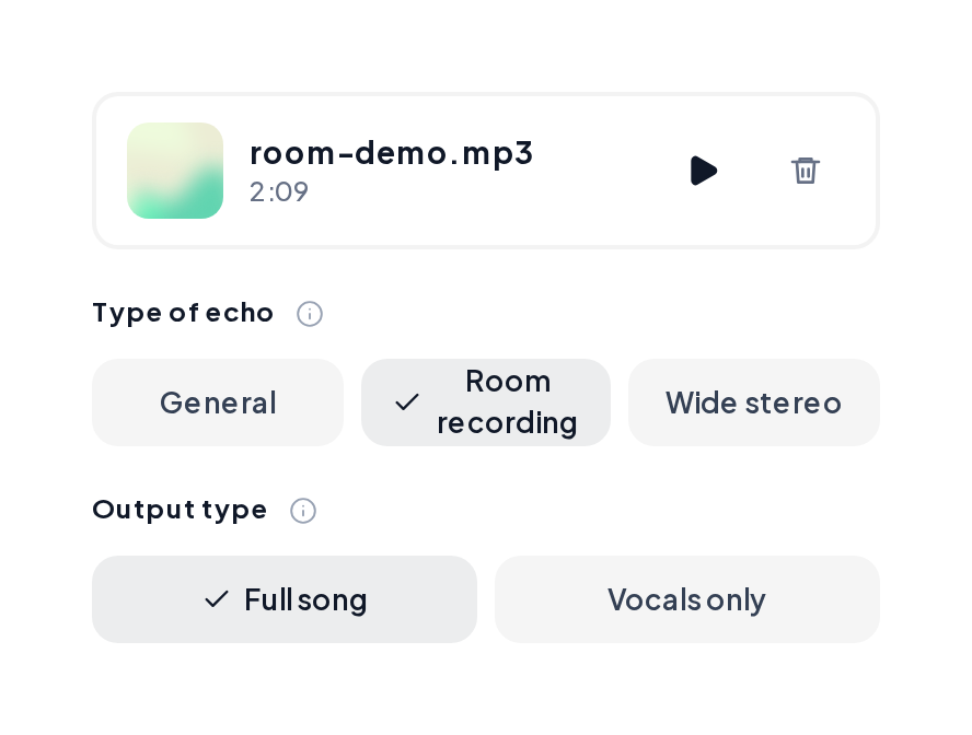 Dereverb with a room demo and Room recording selected