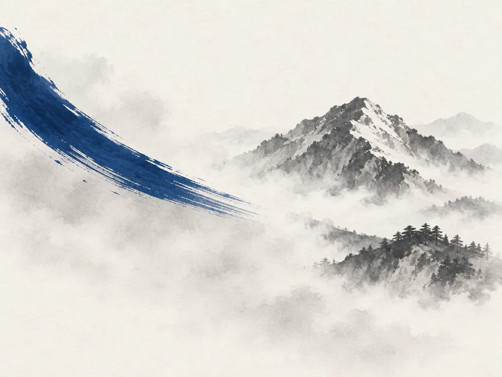 Ink wash brush stroke clearing fog from a mountain view