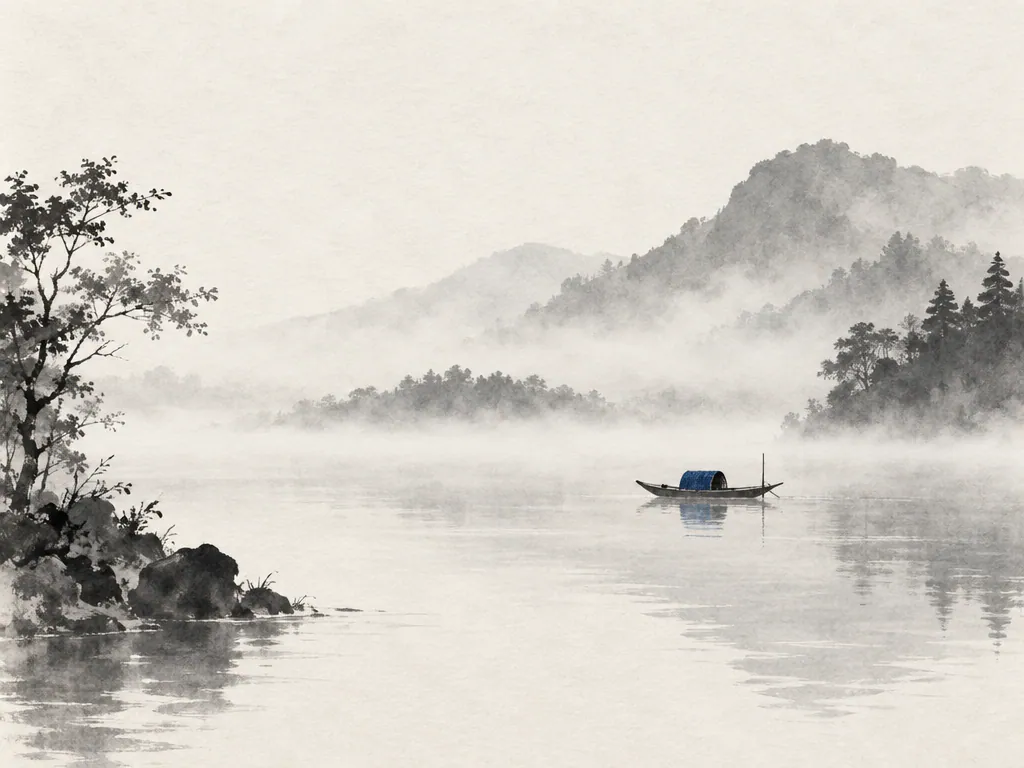 Ink wash river with a thin layer of mist over the water