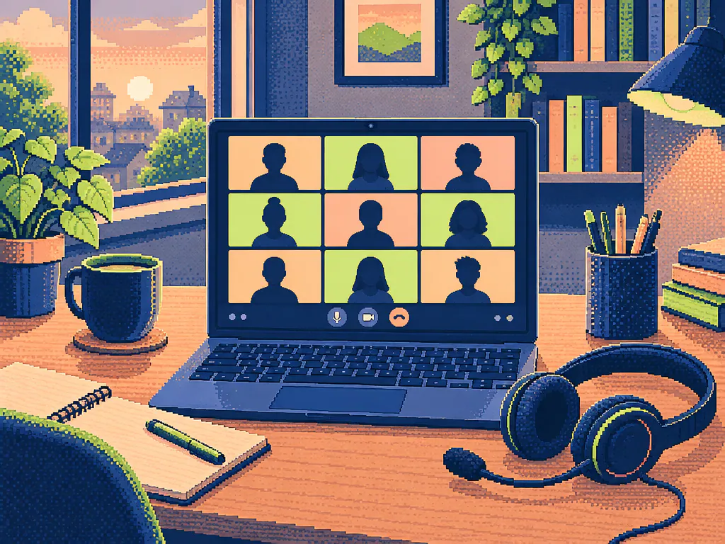 Pixel art laptop showing a video call with a headset