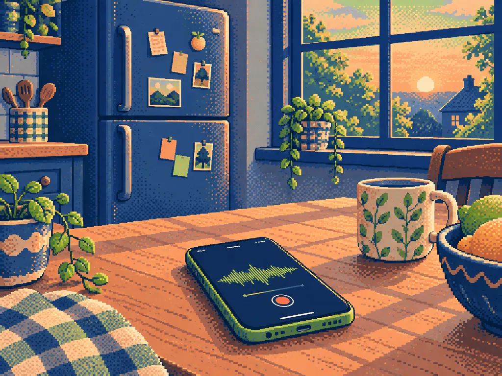 Pixel art phone recording a voice memo on a kitchen table
