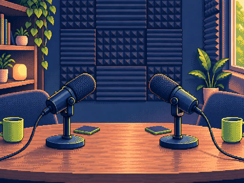 Pixel art podcast microphones in a small room