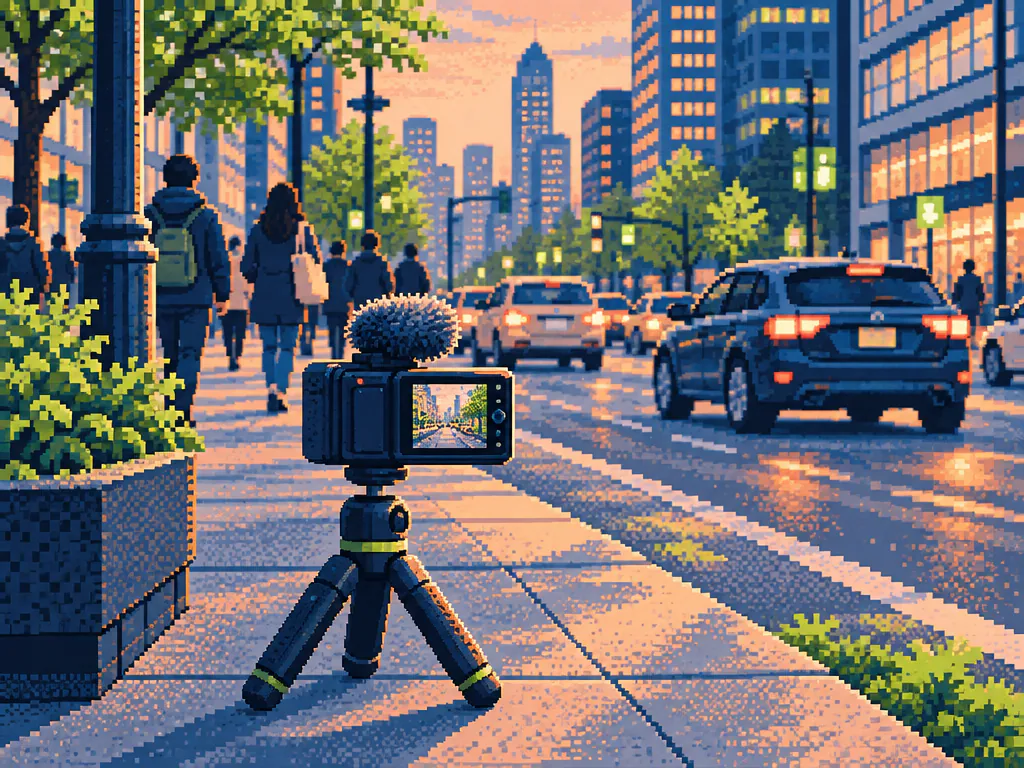 Pixel art vlog camera on a city sidewalk