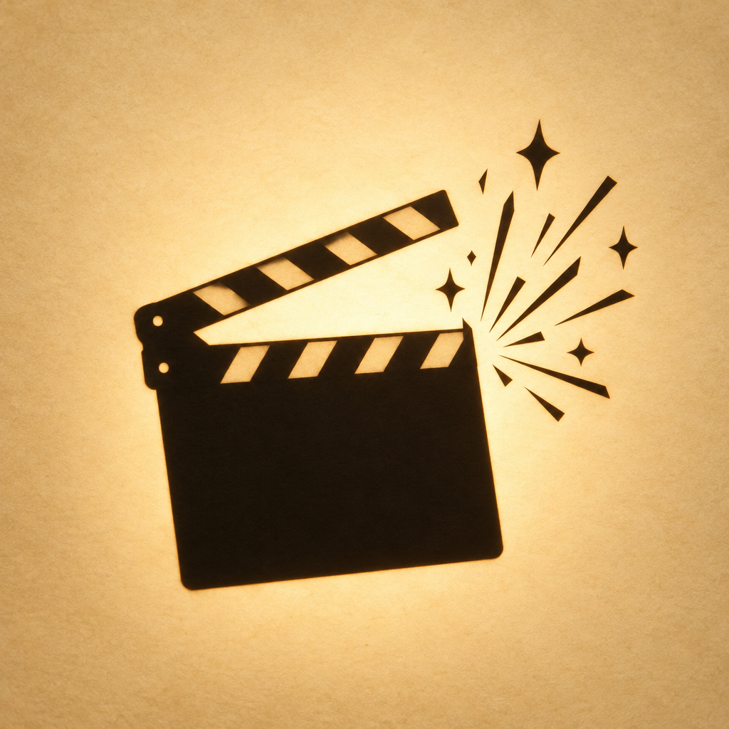 Shadow puppet of a clapperboard with sparks for an audio generator ai brand cue