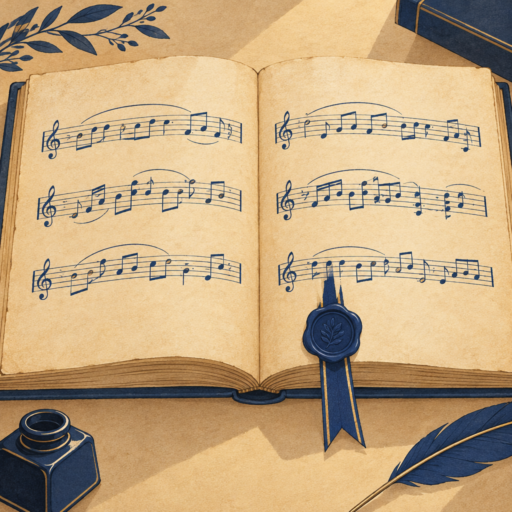 Parchment ledger with wax seal and musical staff