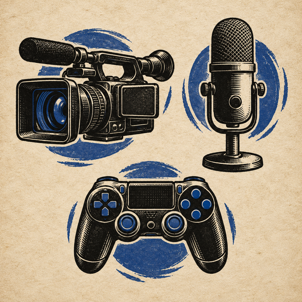 Camera mic and game icons on parchment