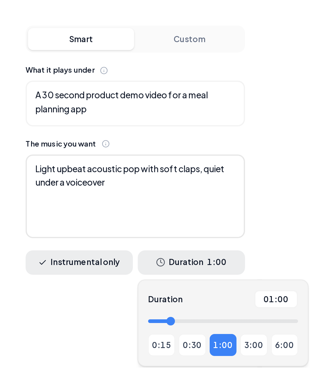 Background Music tool with a product demo brief and the duration picker open