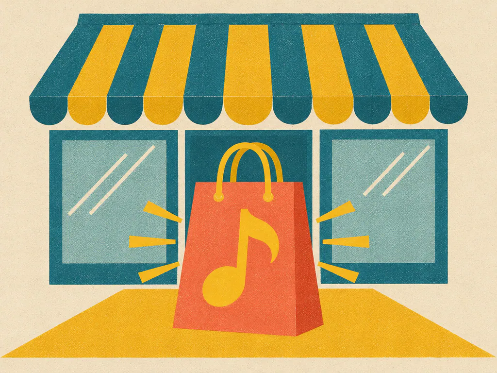 Shop front with a shopping bag carrying a music note