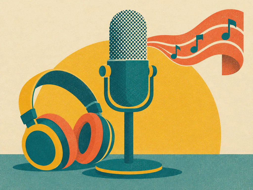 Podcast microphone and headphones with a short theme from a free online music creator