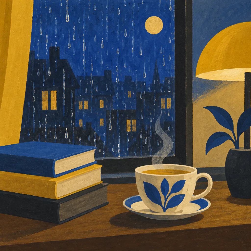 Gouache rainy window with tea and books