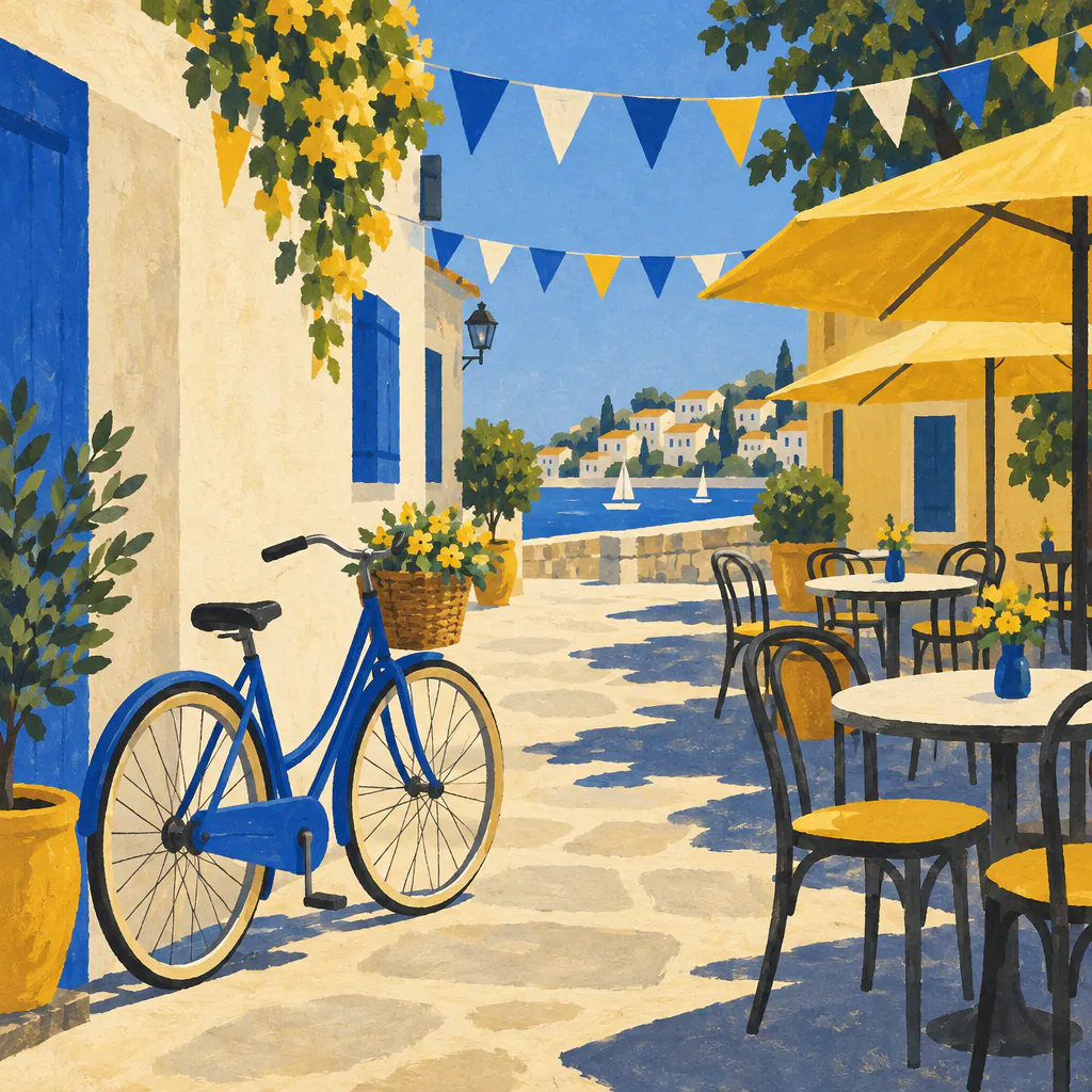 Gouache sunny street with a bicycle