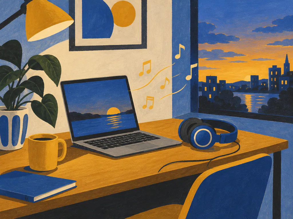Gouache desk with a laptop and headphones, a music AI maker at work