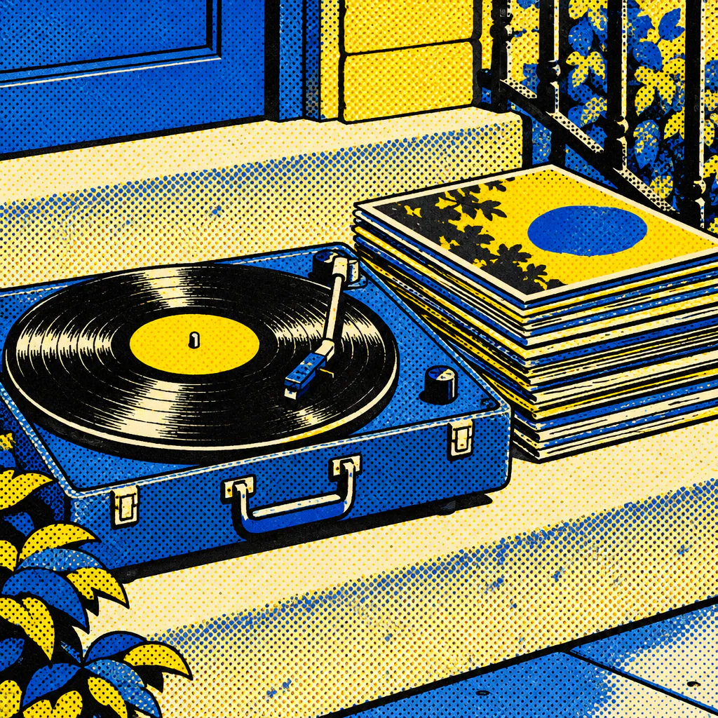 Halftone turntable and records on a stoop