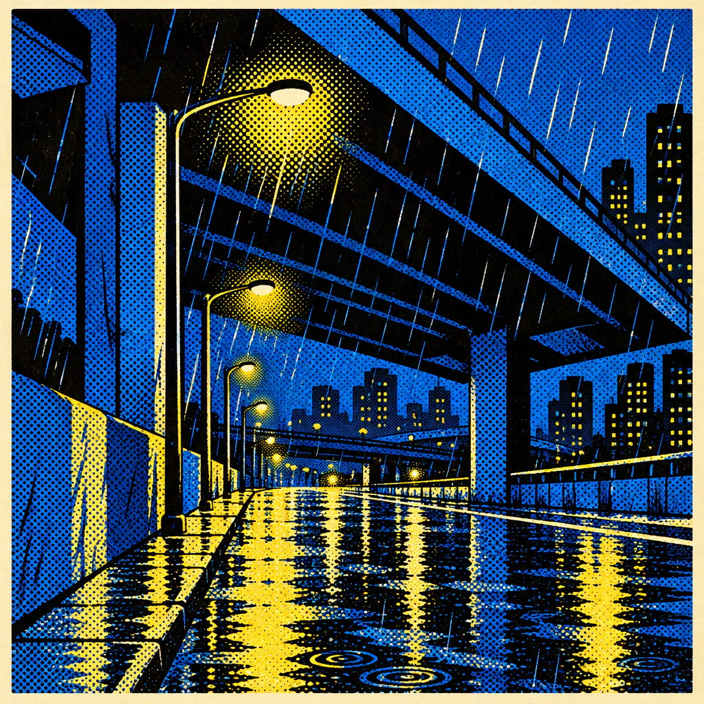 Halftone underpass with streetlights in the rain