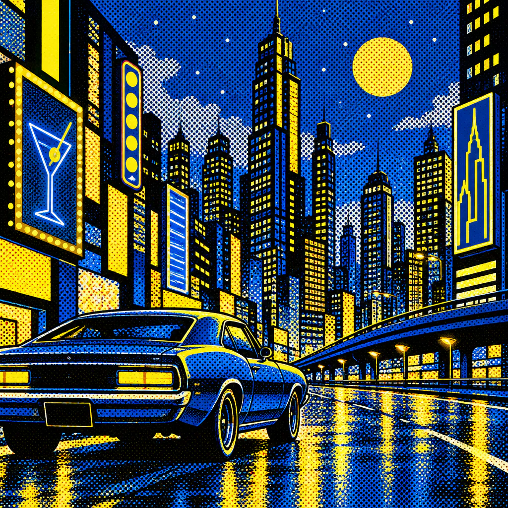 Halftone city skyline at night