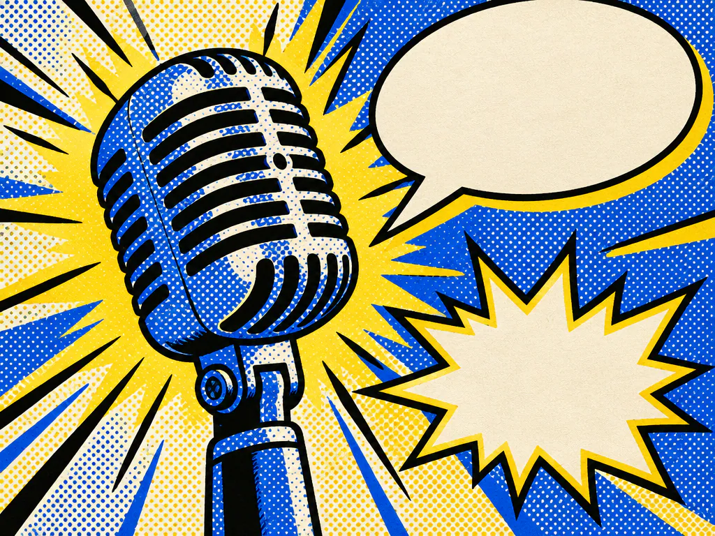 Halftone microphone with sound bursts, a rap generator AI scene