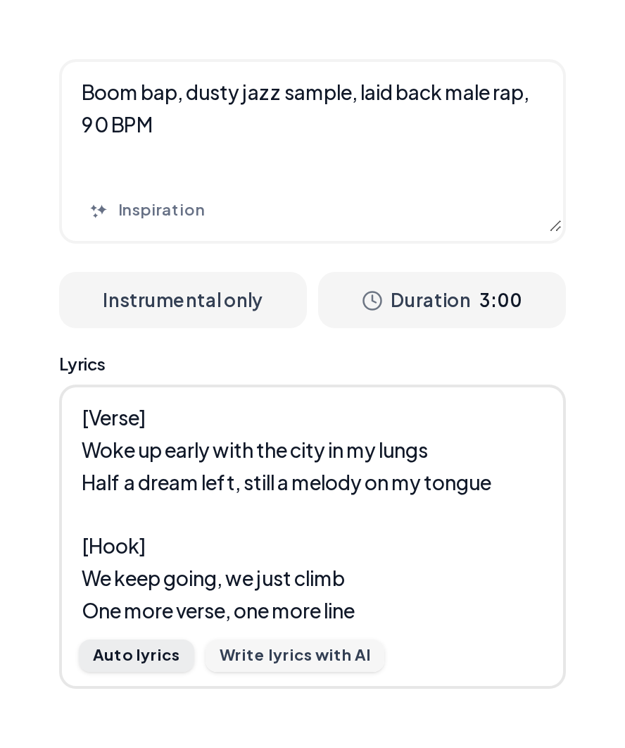 Hip-hop Generator Custom mode with a boom bap style and Verse and Hook bars