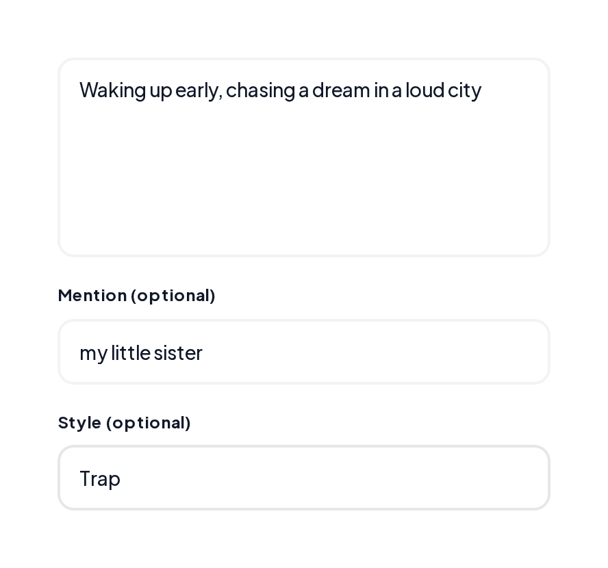 Rap Lyrics Generator with a topic, a mention, the Trap style and rhyme and flow options