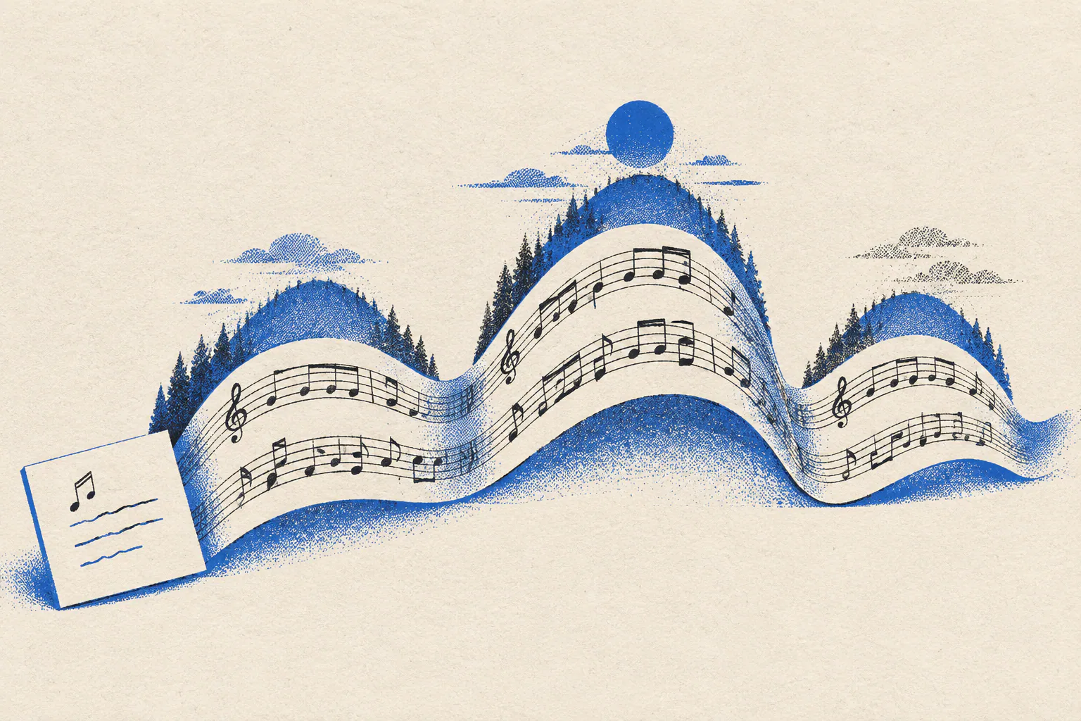 Risograph print of a handwritten note unfolding into sheet music shaped like verse, chorus and bridge hills