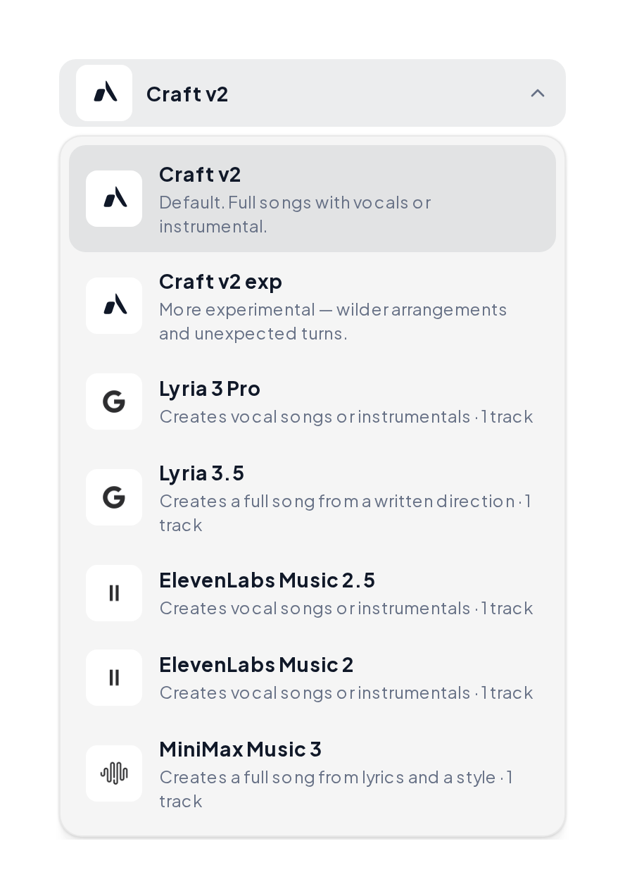 Model menu in the Music Generator with each model and what it makes