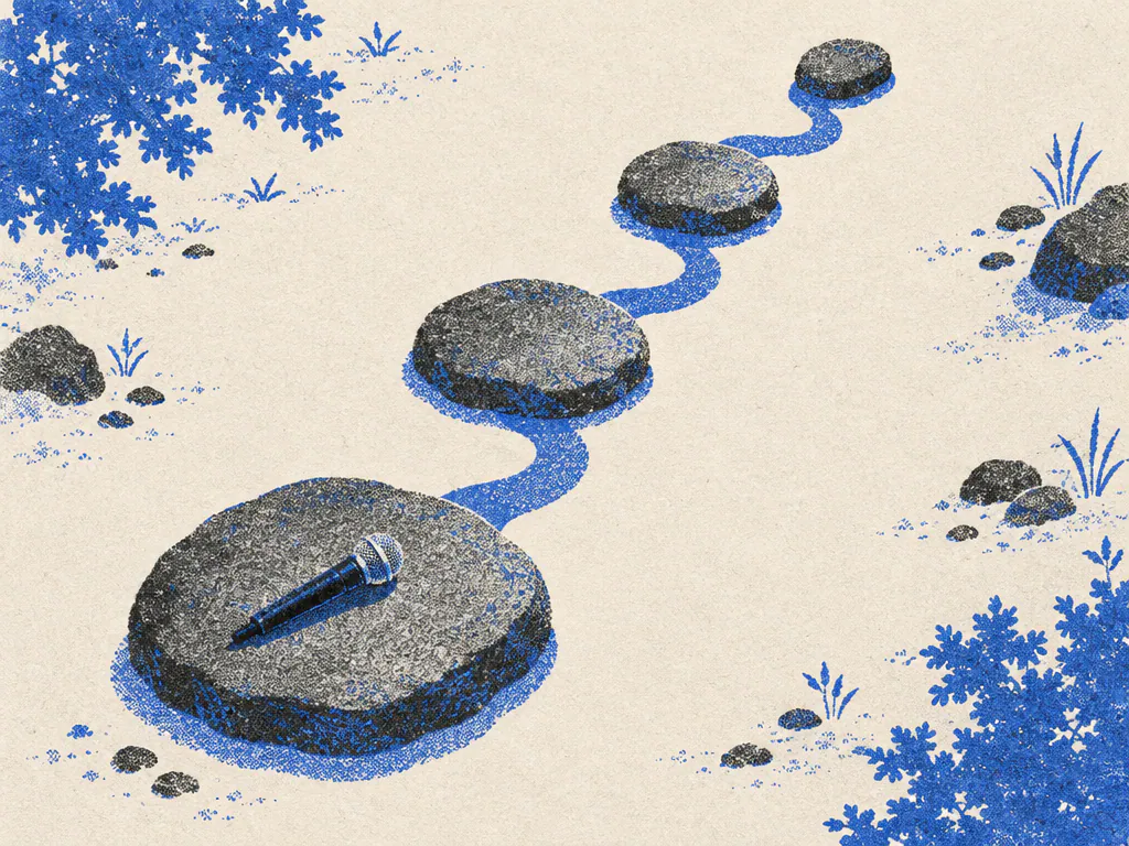 Risograph stepping stones joined by a path with a microphone on the largest stone, the song sections an AI generator for songs builds