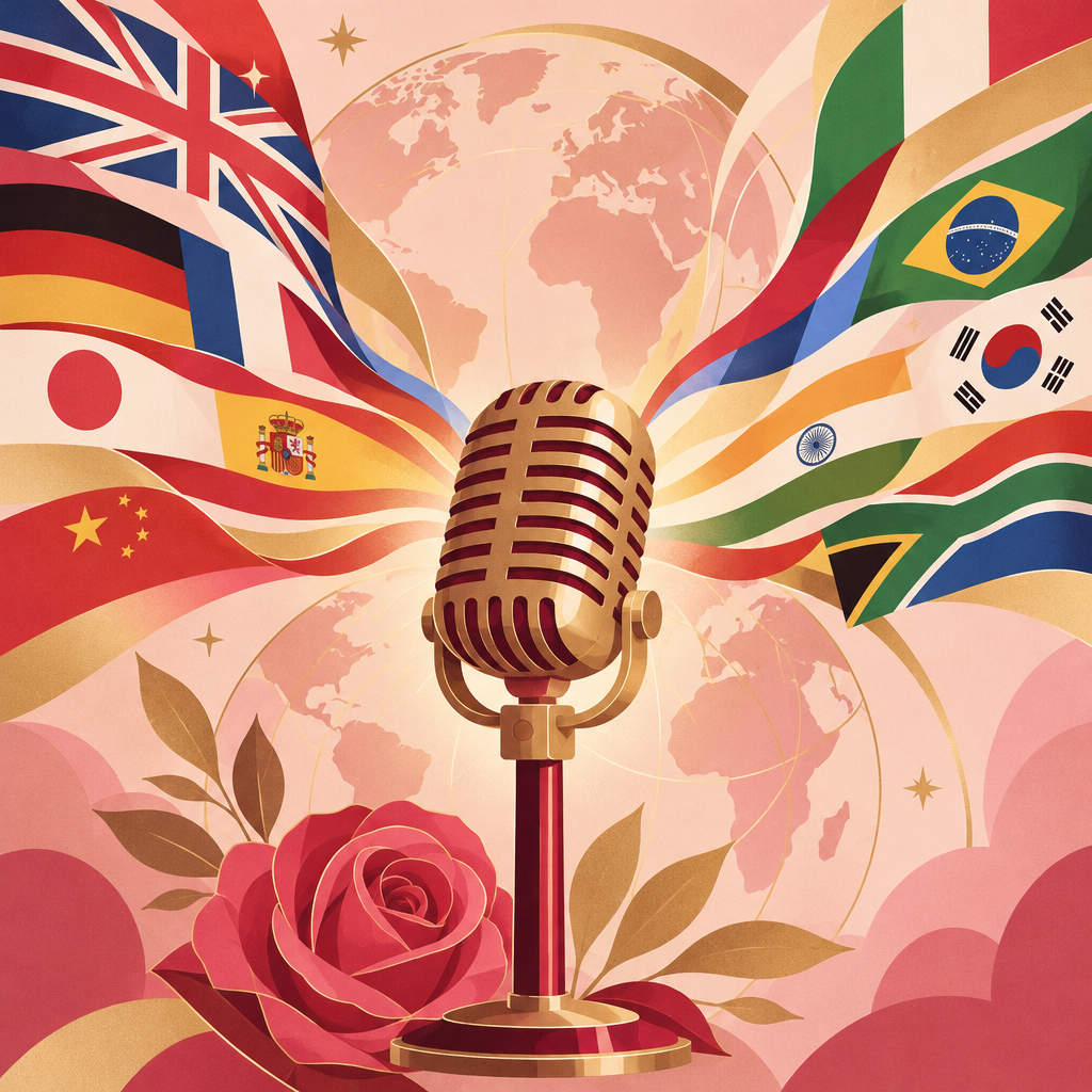 Microphone with colorful language ribbons