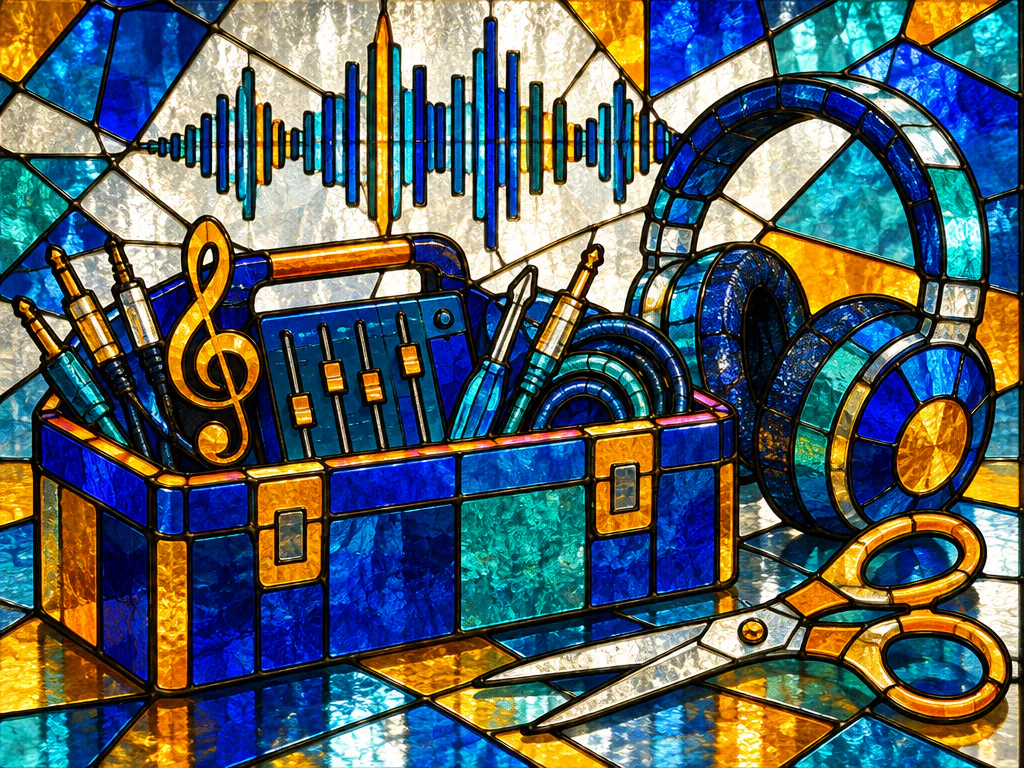 Stained glass toolbox with headphones and a waveform