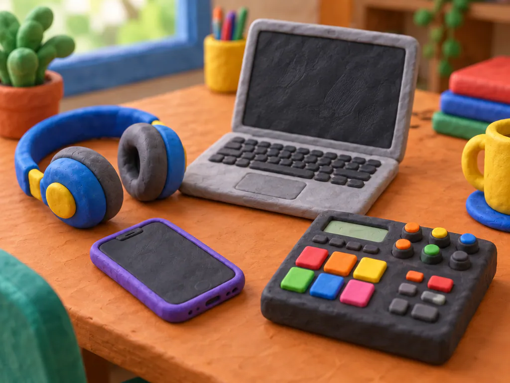 Clay desk with a phone, laptop and drum machine, a making beats app setup