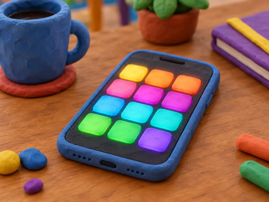 Clay phone with a glowing pad grid, an app to make beats