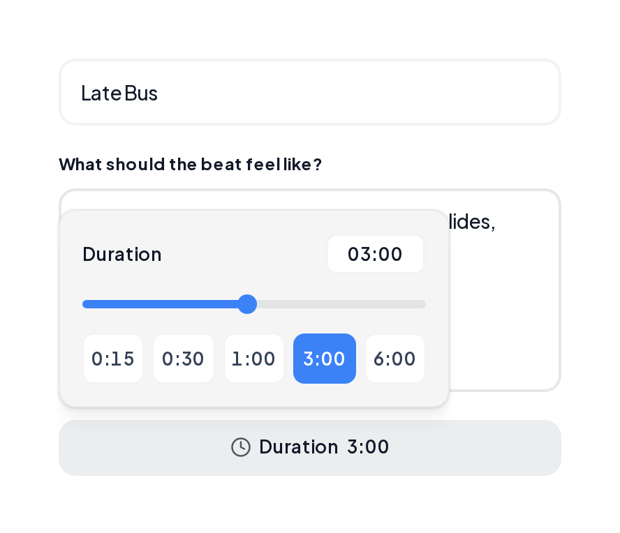 AI Beat Maker as a make a beat app, with a title, beat description and duration picker