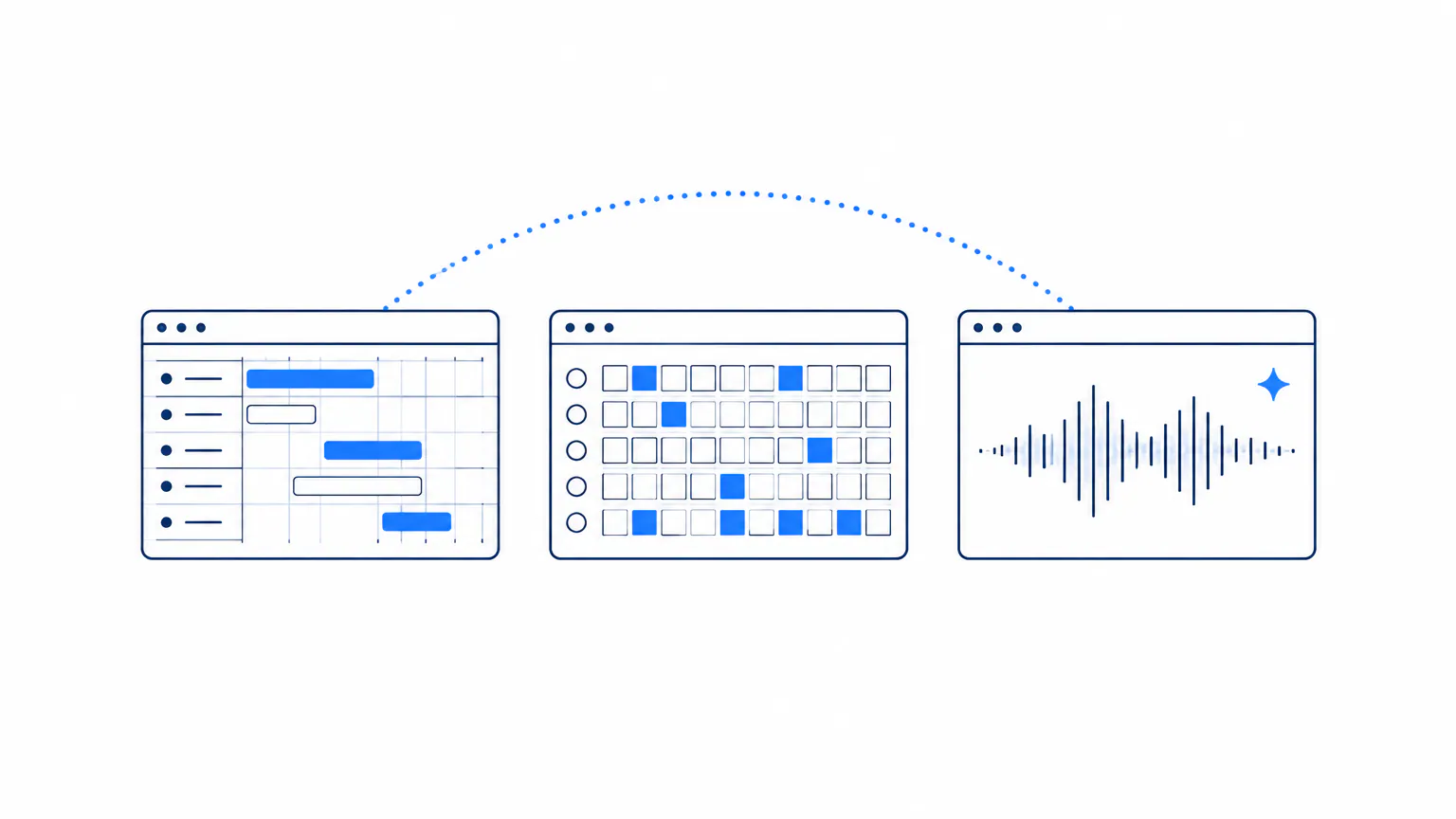 Monoline drawing of a studio timeline, a sequencer grid and a sound wave side by side, the three routes of a web music maker