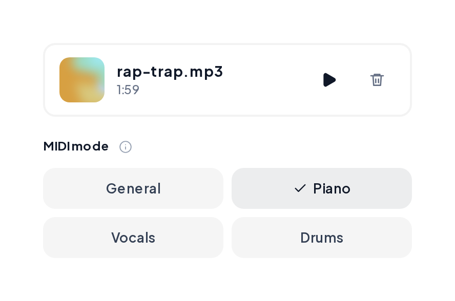 Audio to MIDI with an uploaded track and the Piano mode selected