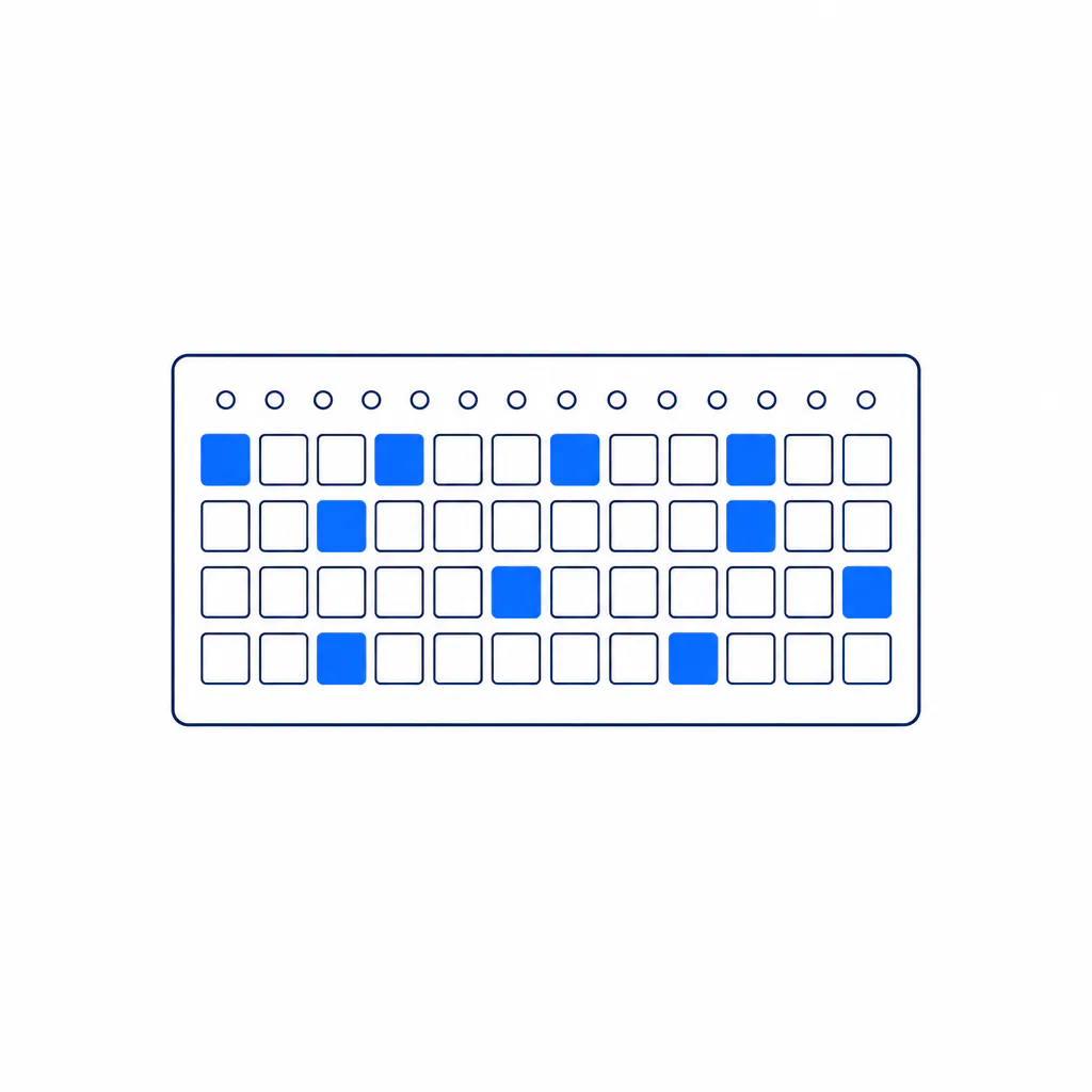 Monoline drawing of a step sequencer grid with lit cells