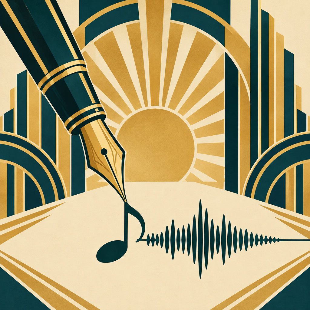 Art Deco pen writing a waveform for AI song software