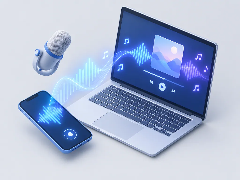 Isometric phone and laptop with a sound wave growing into a song