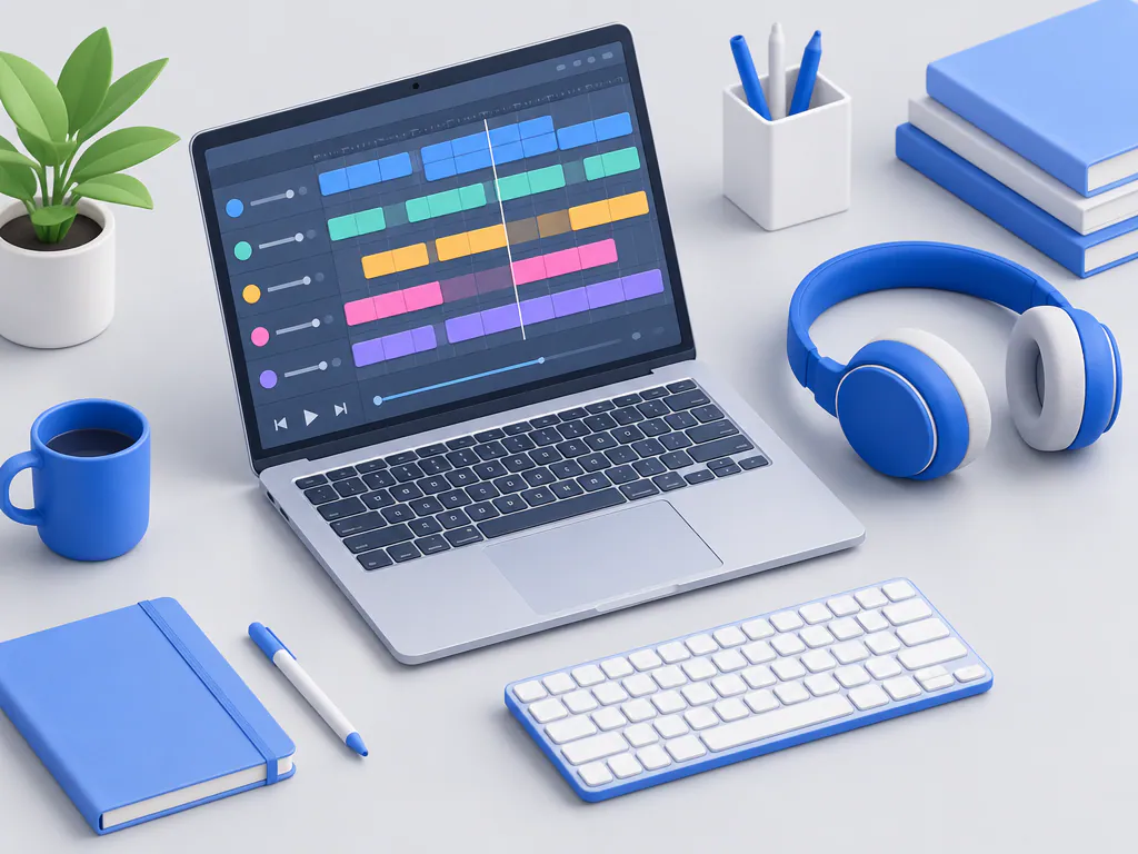 Isometric laptop with a multitrack timeline, a music creator app setup