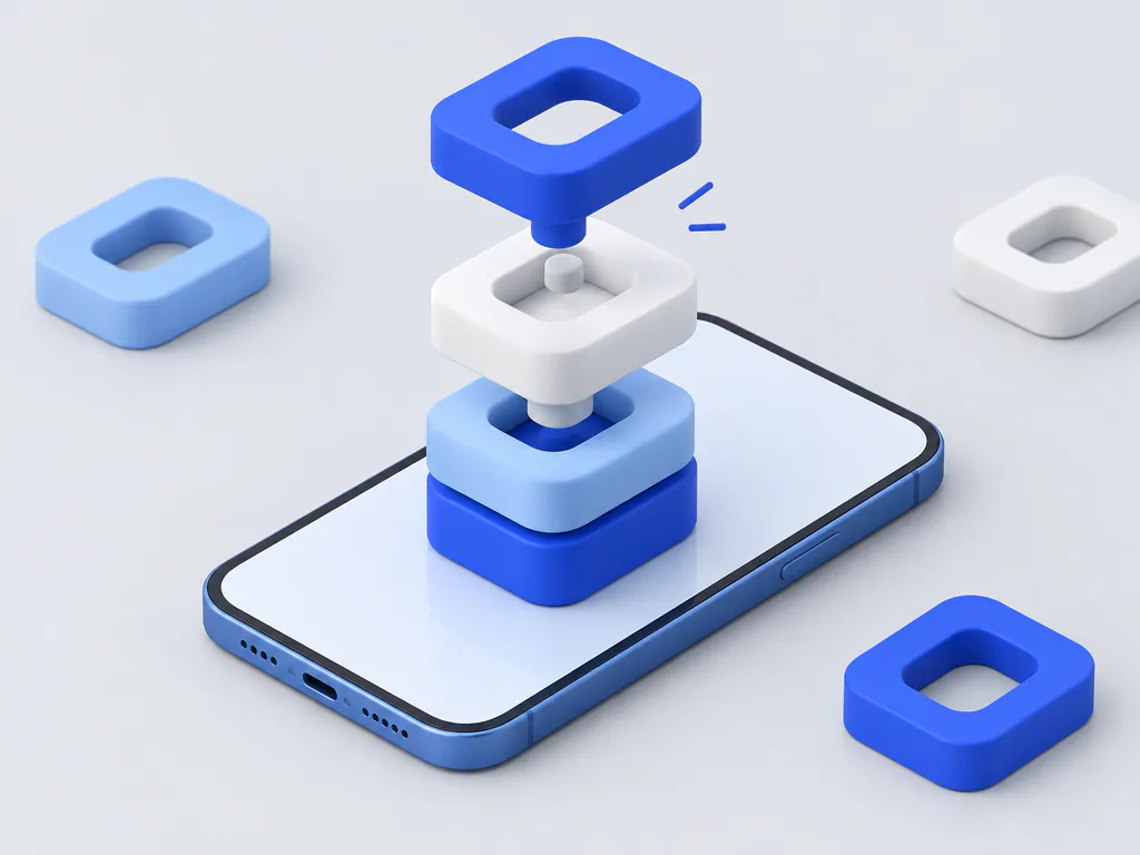 Isometric phone with loop blocks snapping together, a create music app idea