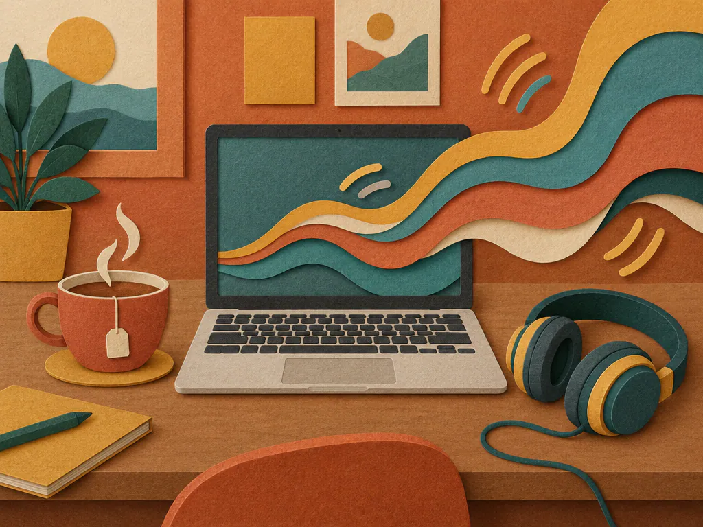 Desk with a laptop and headphones, ready to co-create own music