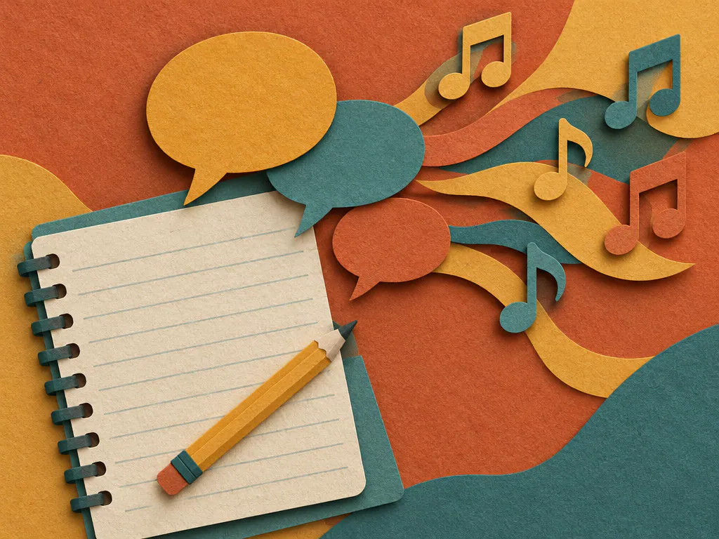 Notebook with words turning into notes, AI creating music from lyrics