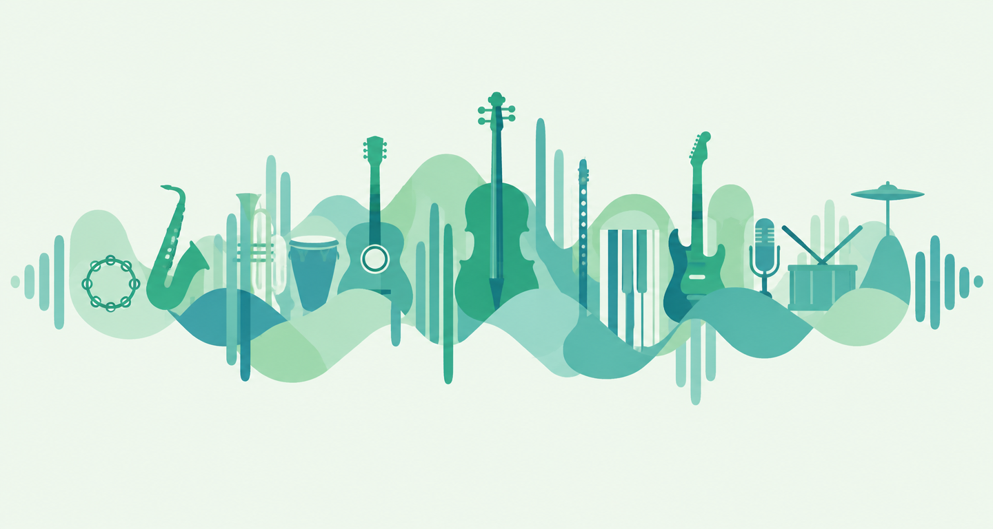 Instrument icons stacking into a waveform bed