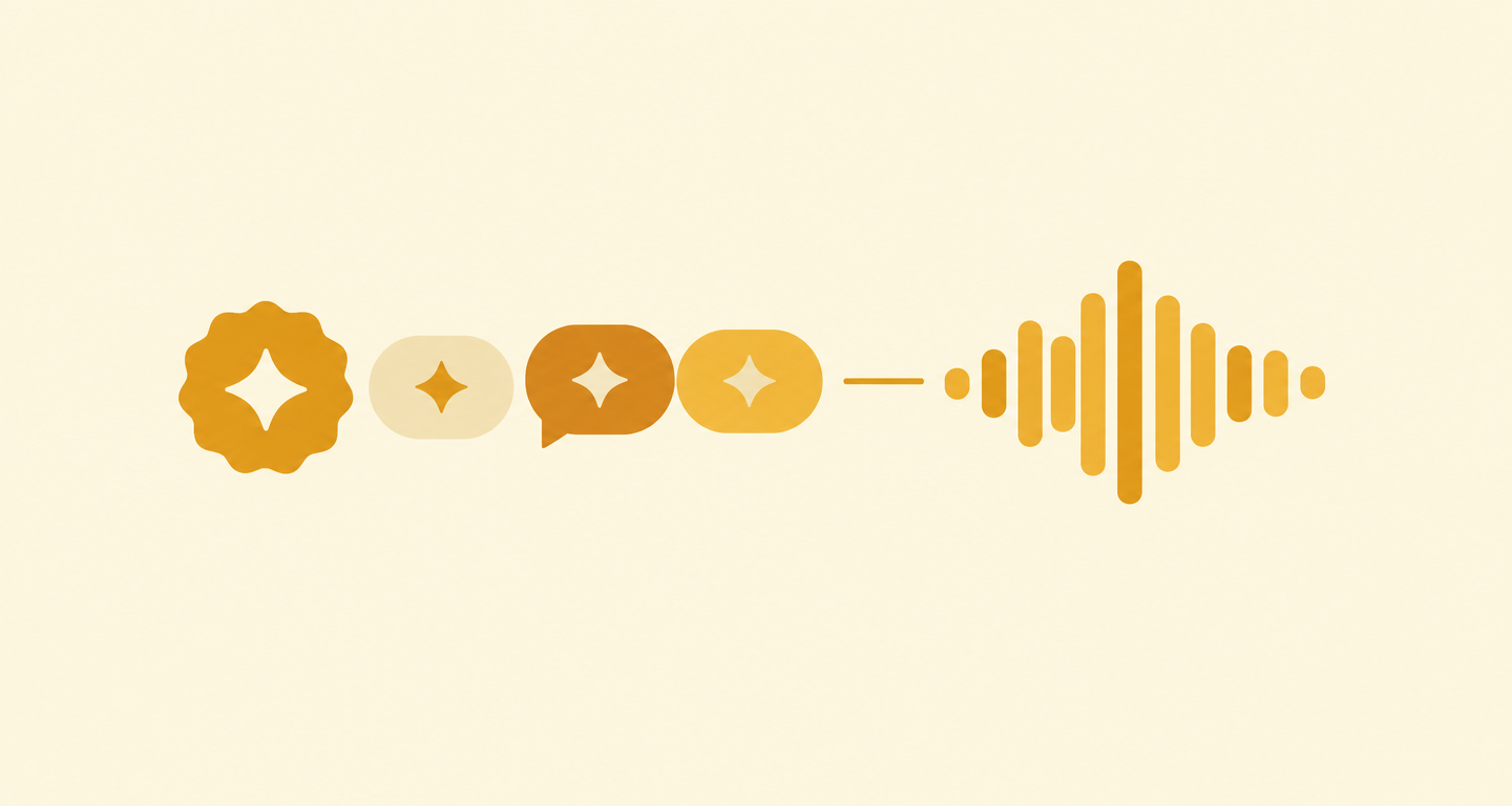 Brand badge and slogan chips becoming a short waveform