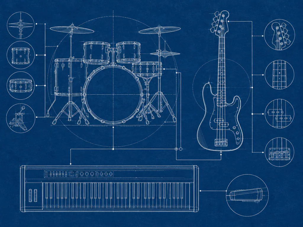 Blueprint drums, bass and keyboard linked by lines
