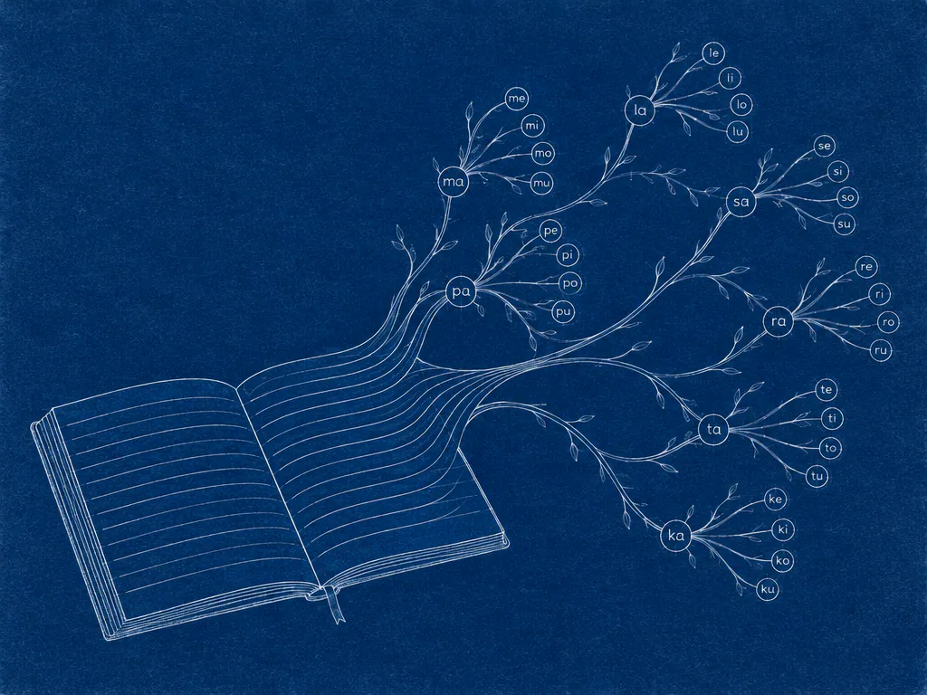 Blueprint notebook lines branching into syllables