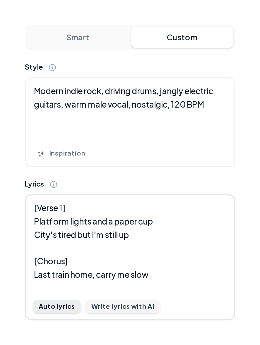 Custom mode with an indie rock style and tagged lyrics for Last Train Home