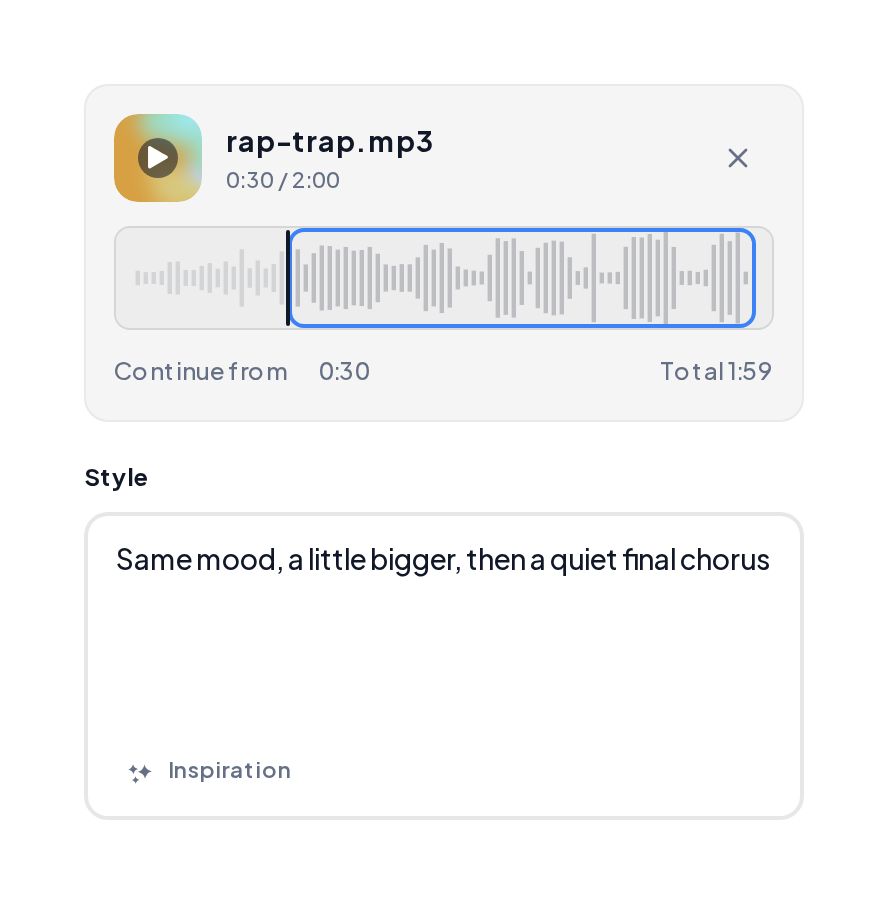 AI Song Extender with an uploaded song, a continue point and a direction